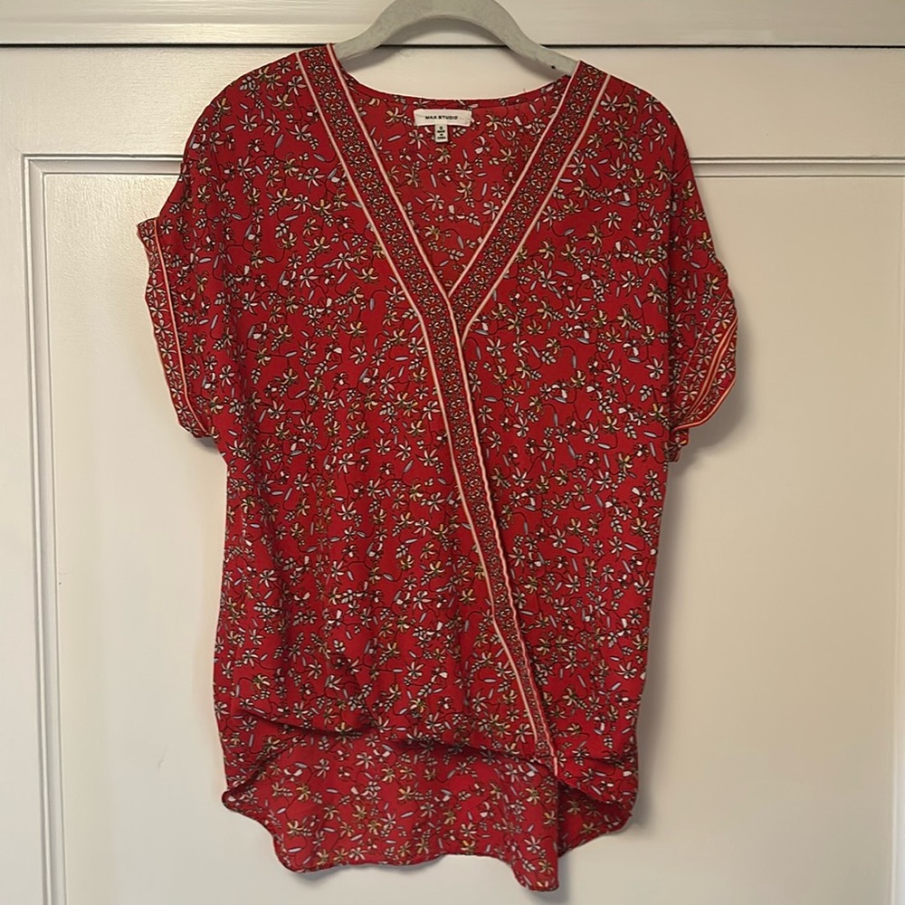 Max Studio Red Faux Wrap Blouse Top V Neck - Small